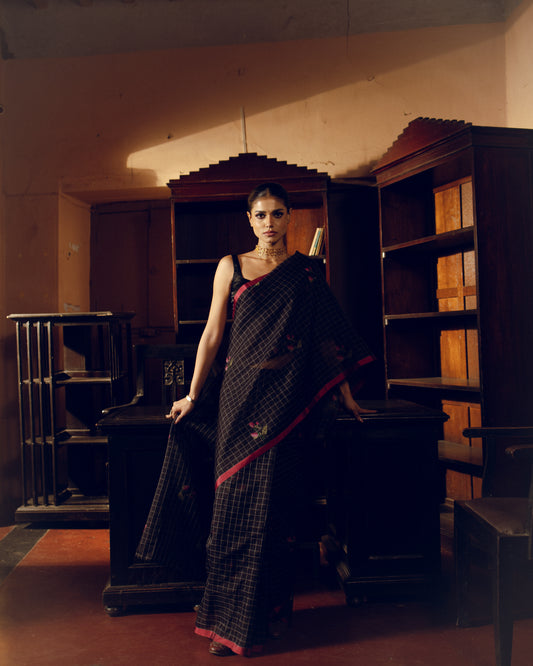 Black Pure Organza Silk Jamdani Handloom Saree