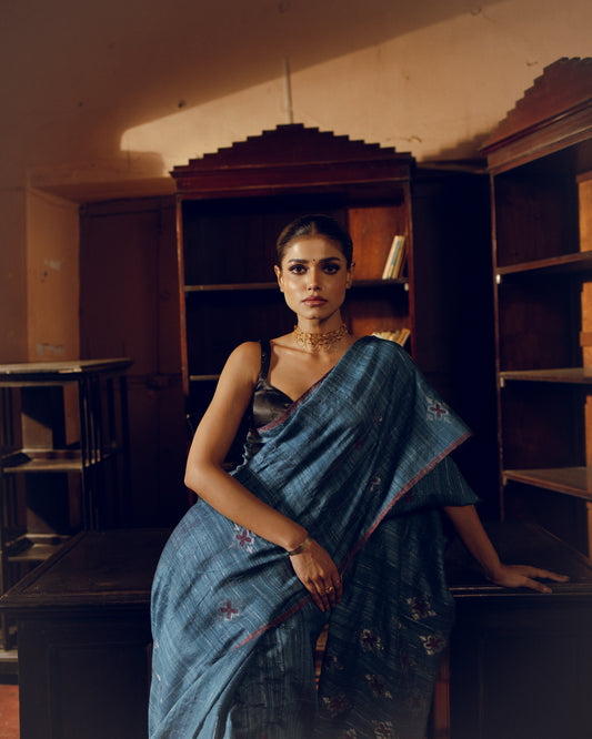 Blue Pure Matka Silk Jamdani Handloom Saree