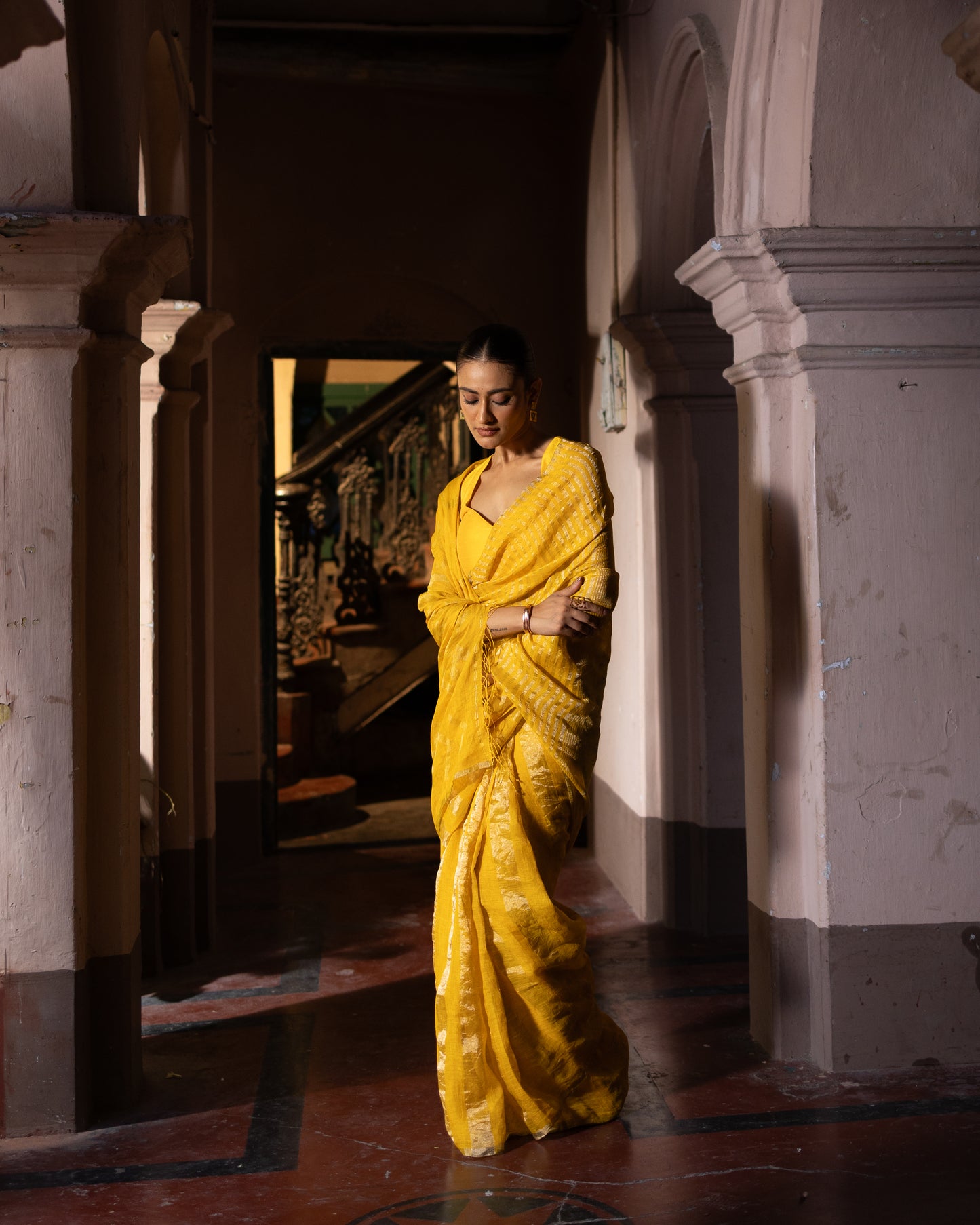 Yellow Pure Linen Jamdani Handloom Saree