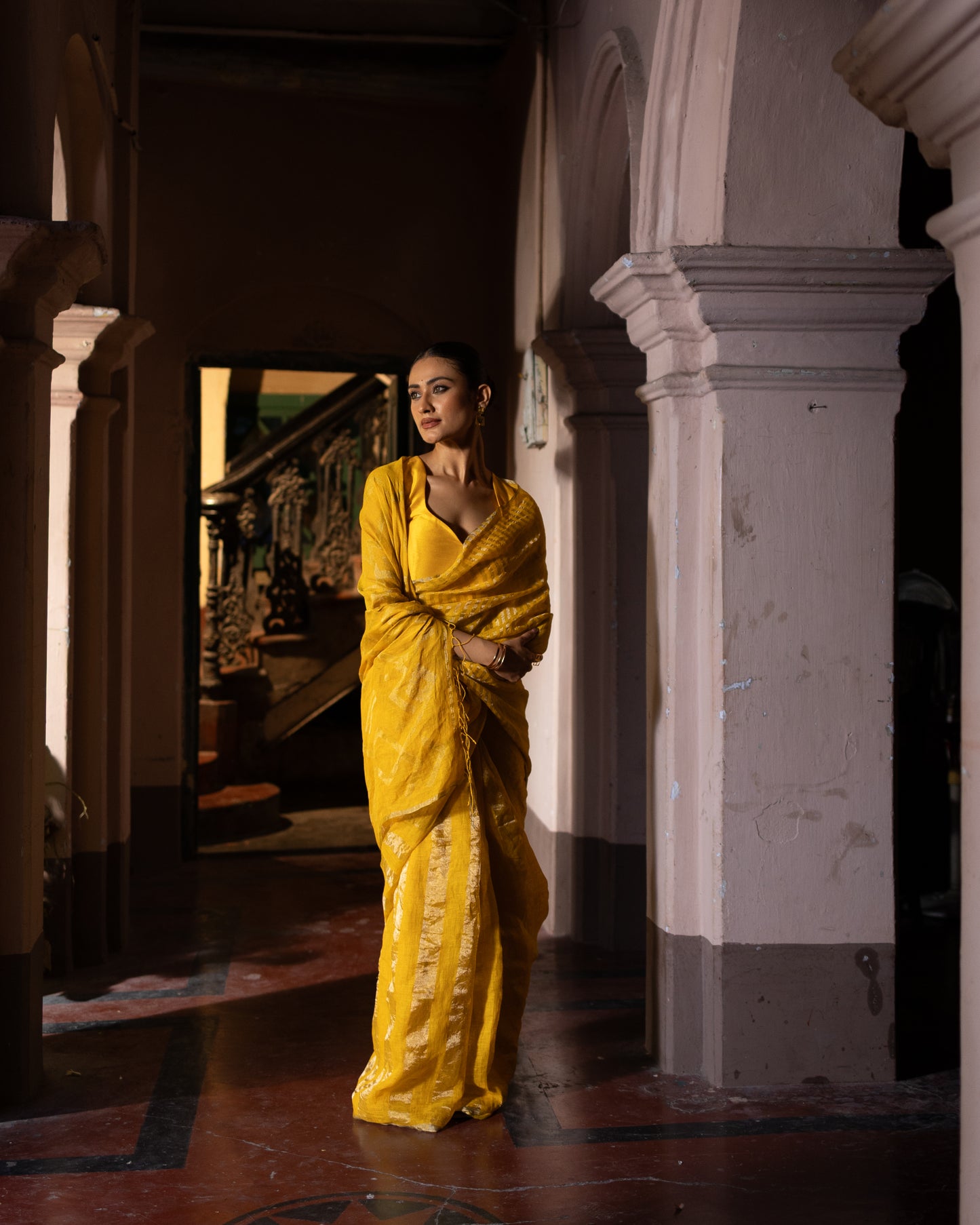 Yellow Pure Linen Jamdani Handloom Saree