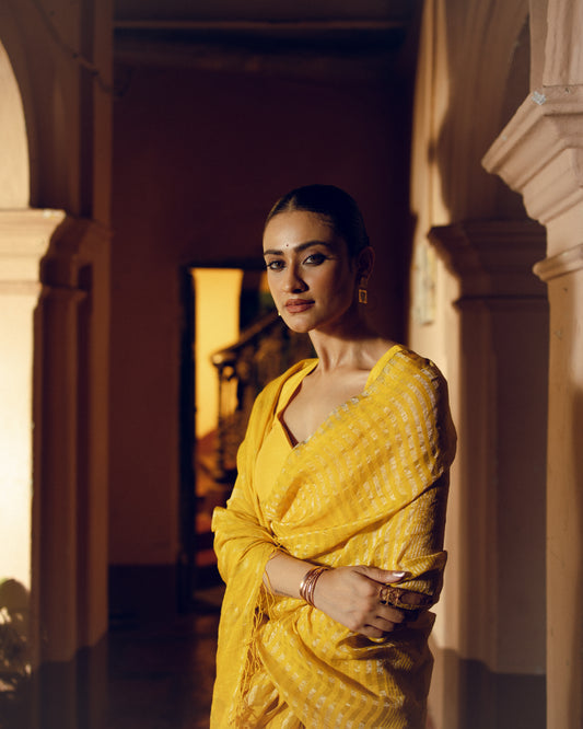 Yellow Pure Linen Jamdani Handloom Saree