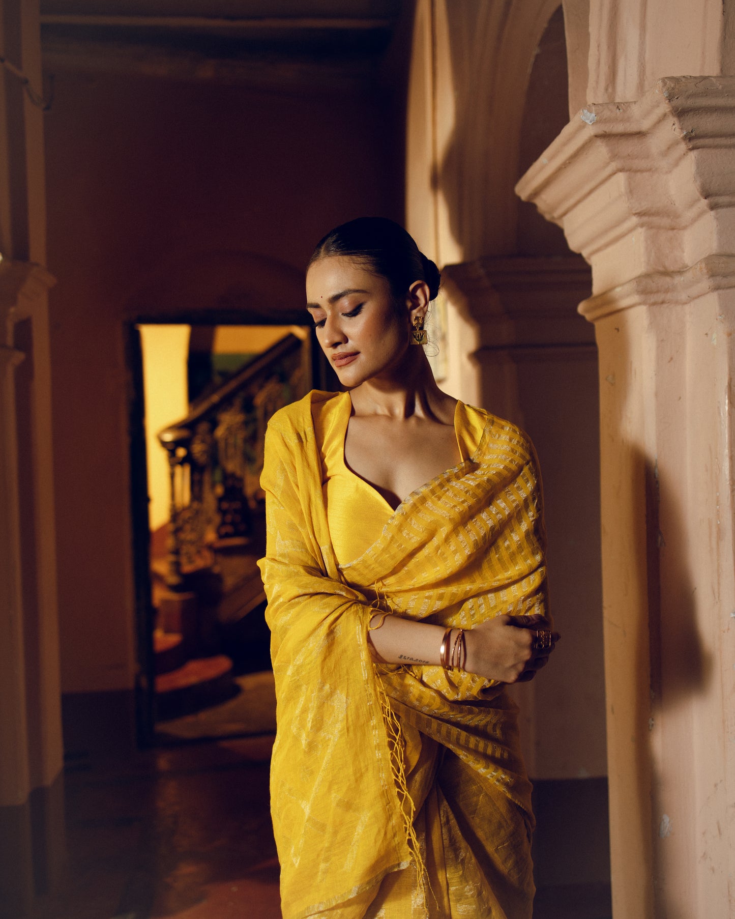 Yellow Pure Linen Jamdani Handloom Saree