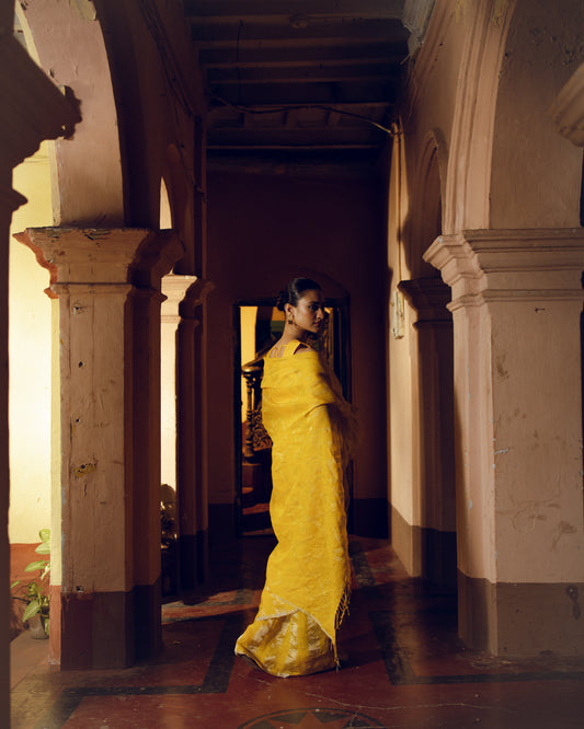 Yellow Pure Linen Jamdani Handloom Saree