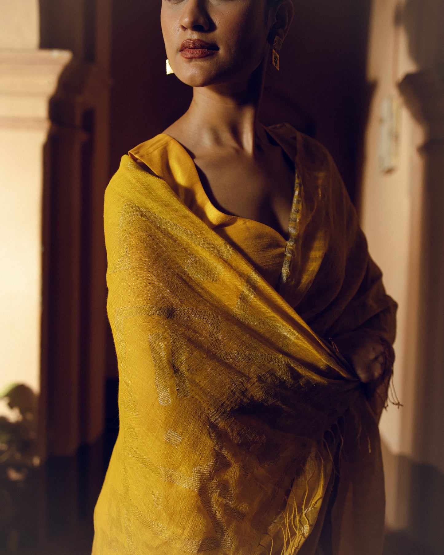 Yellow Pure Linen Jamdani Handloom Saree