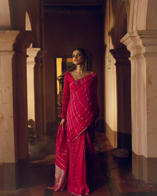Fuchsia Pure Linen Jamdani Handloom Saree