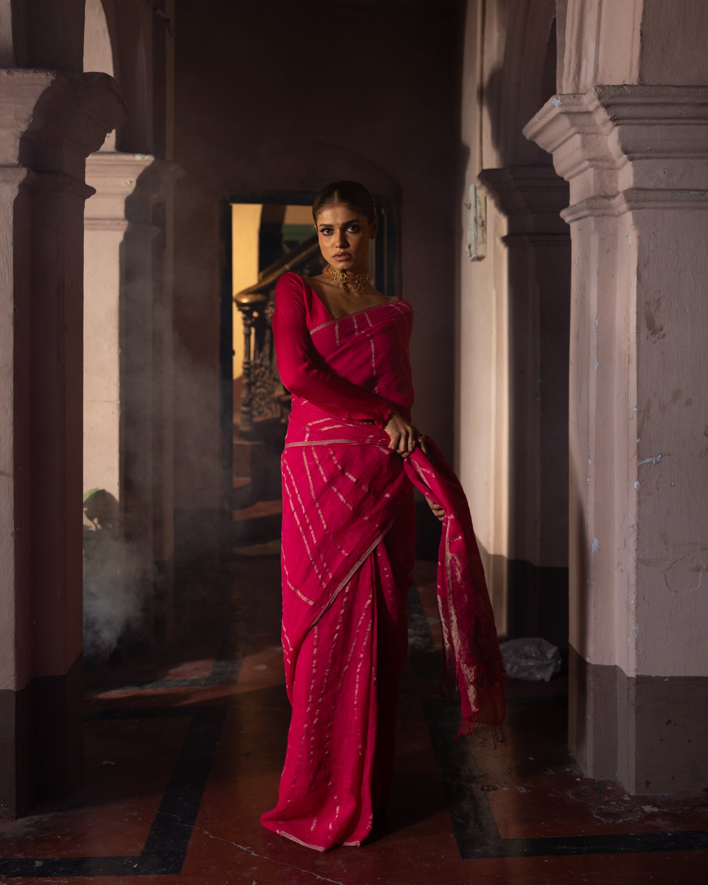 Fuchsia Pure Linen Jamdani Handloom Saree