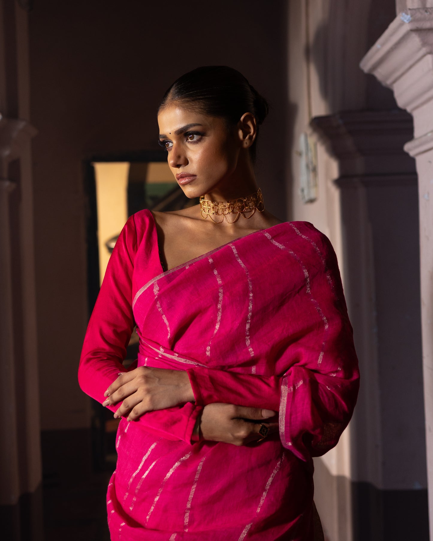 Fuchsia Pure Linen Jamdani Handloom Saree