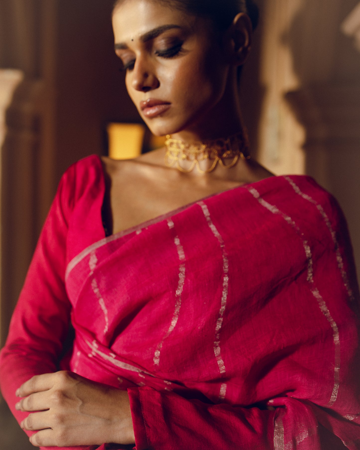 Fuchsia Pure Linen Jamdani Handloom Saree