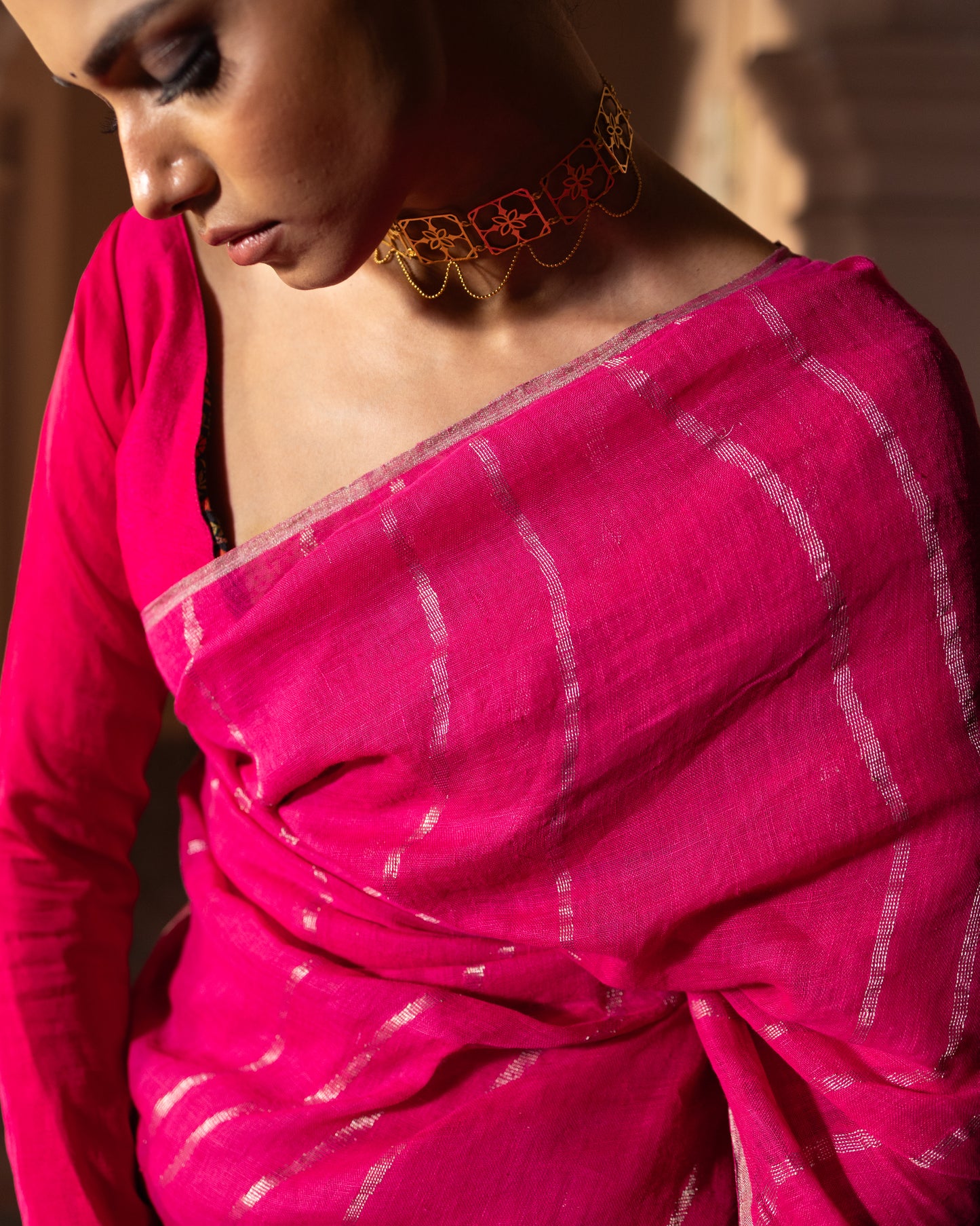 Fuchsia Pure Linen Jamdani Handloom Saree