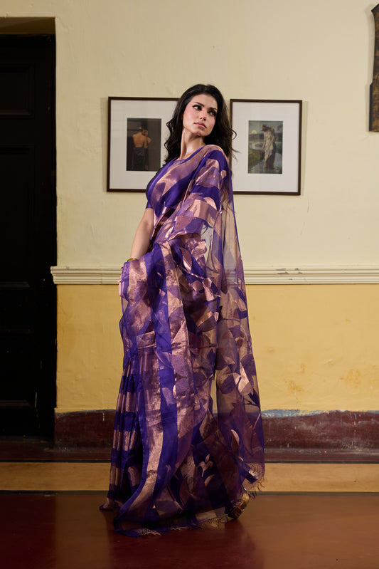 Purple Pure Organza Silk Jamdani Handloom Saree