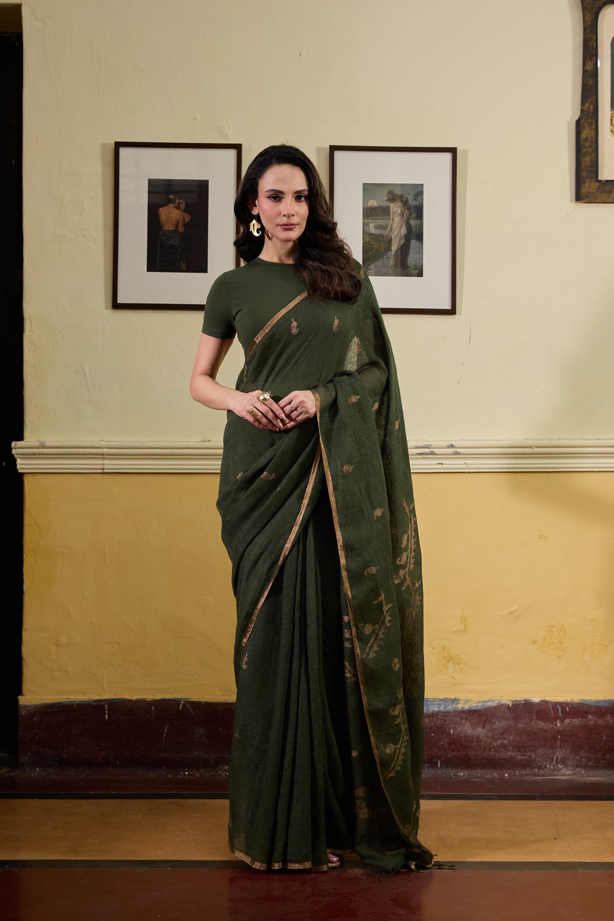 Green Pure Linen Jamdani Handloom Saree