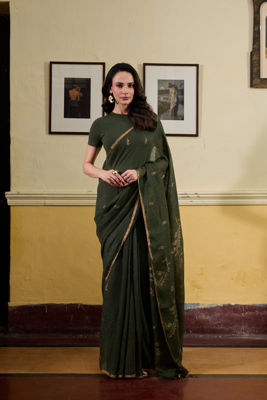 Green Pure Linen Jamdani Handloom Saree