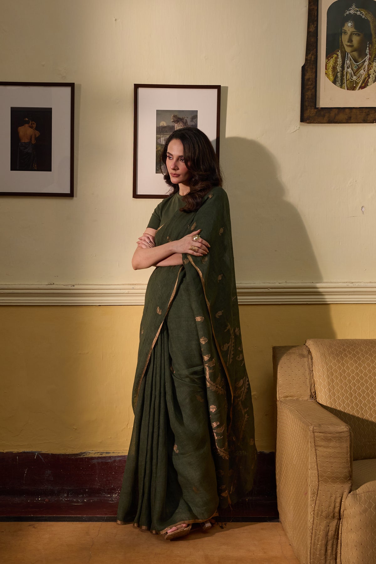 Green Pure Linen Jamdani Handloom Saree