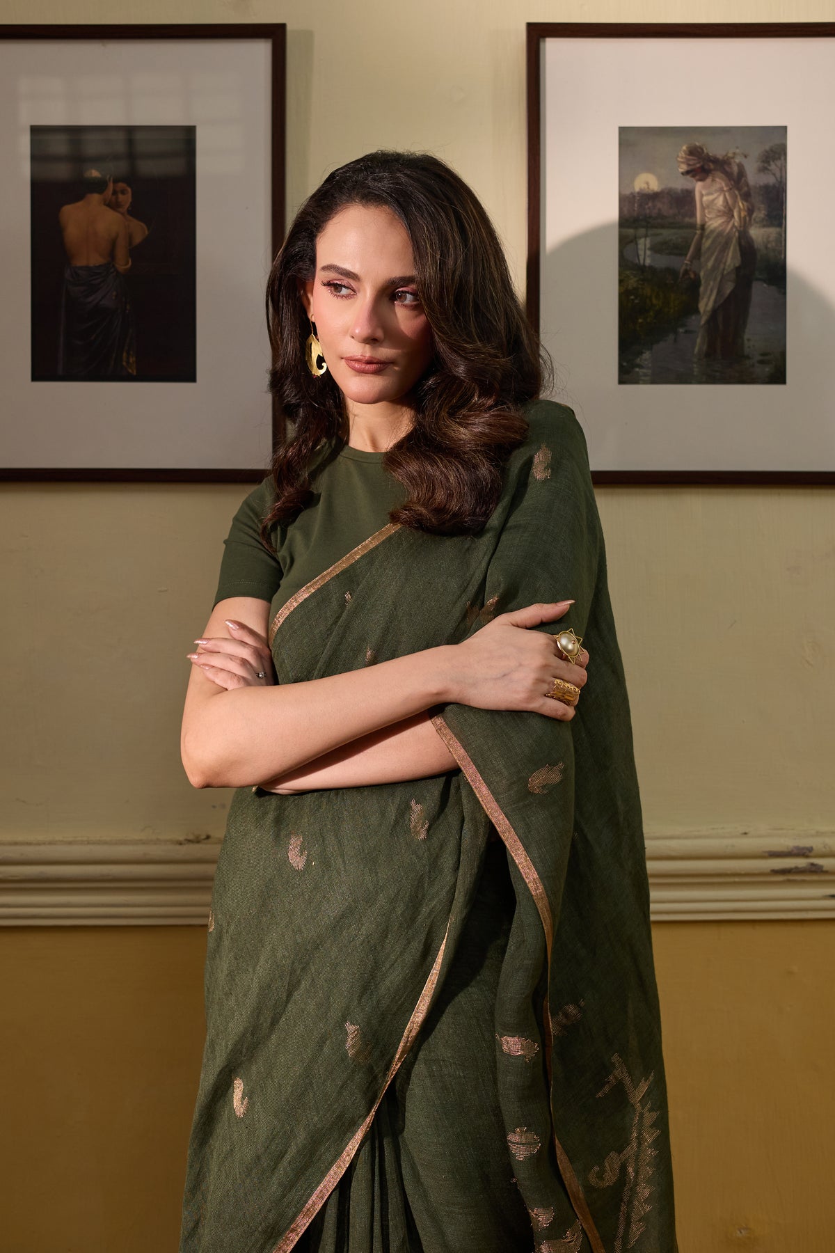 Green Pure Linen Jamdani Handloom Saree