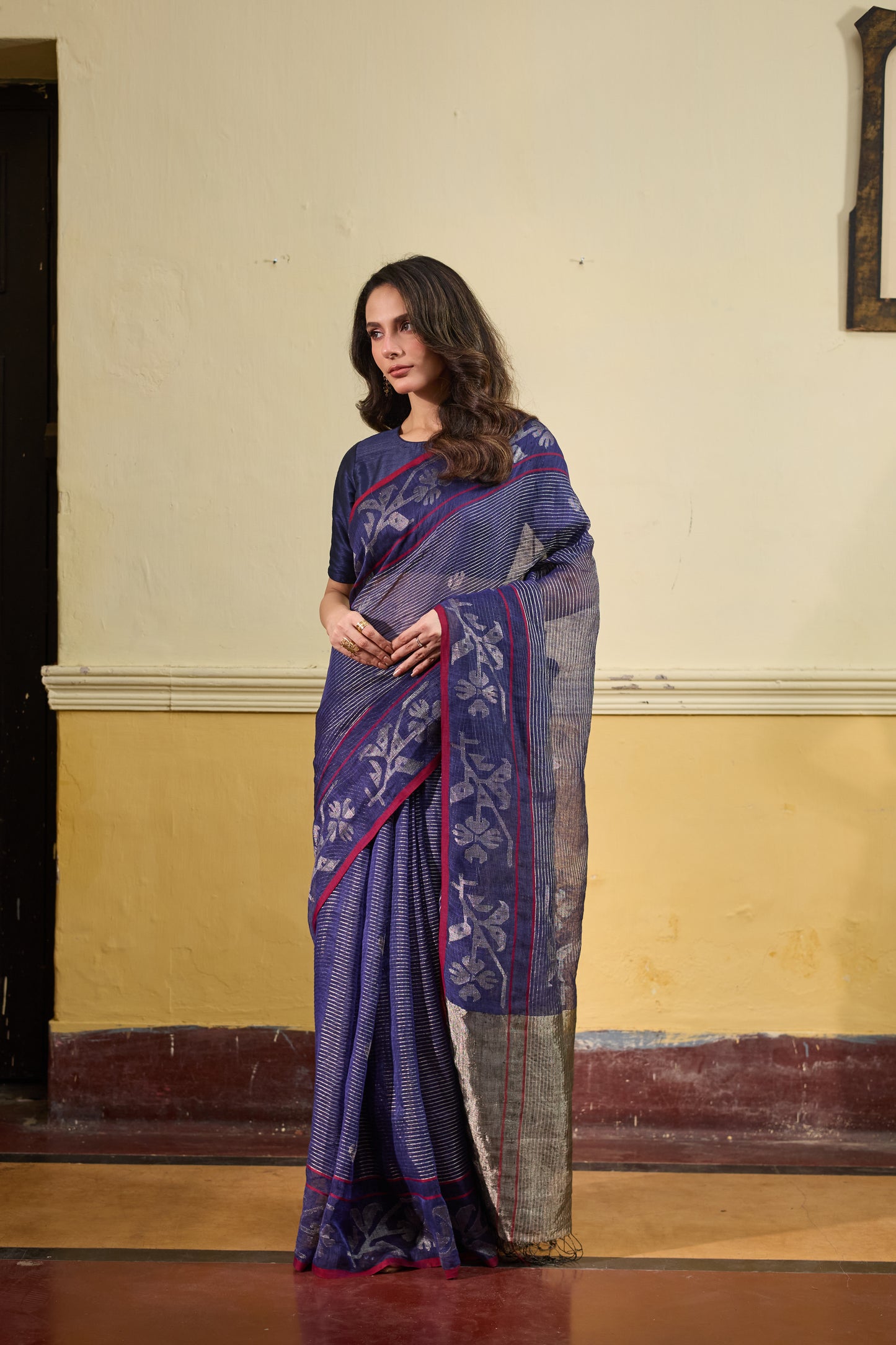 Indigo Pure Linen Jamdani Handloom Saree
