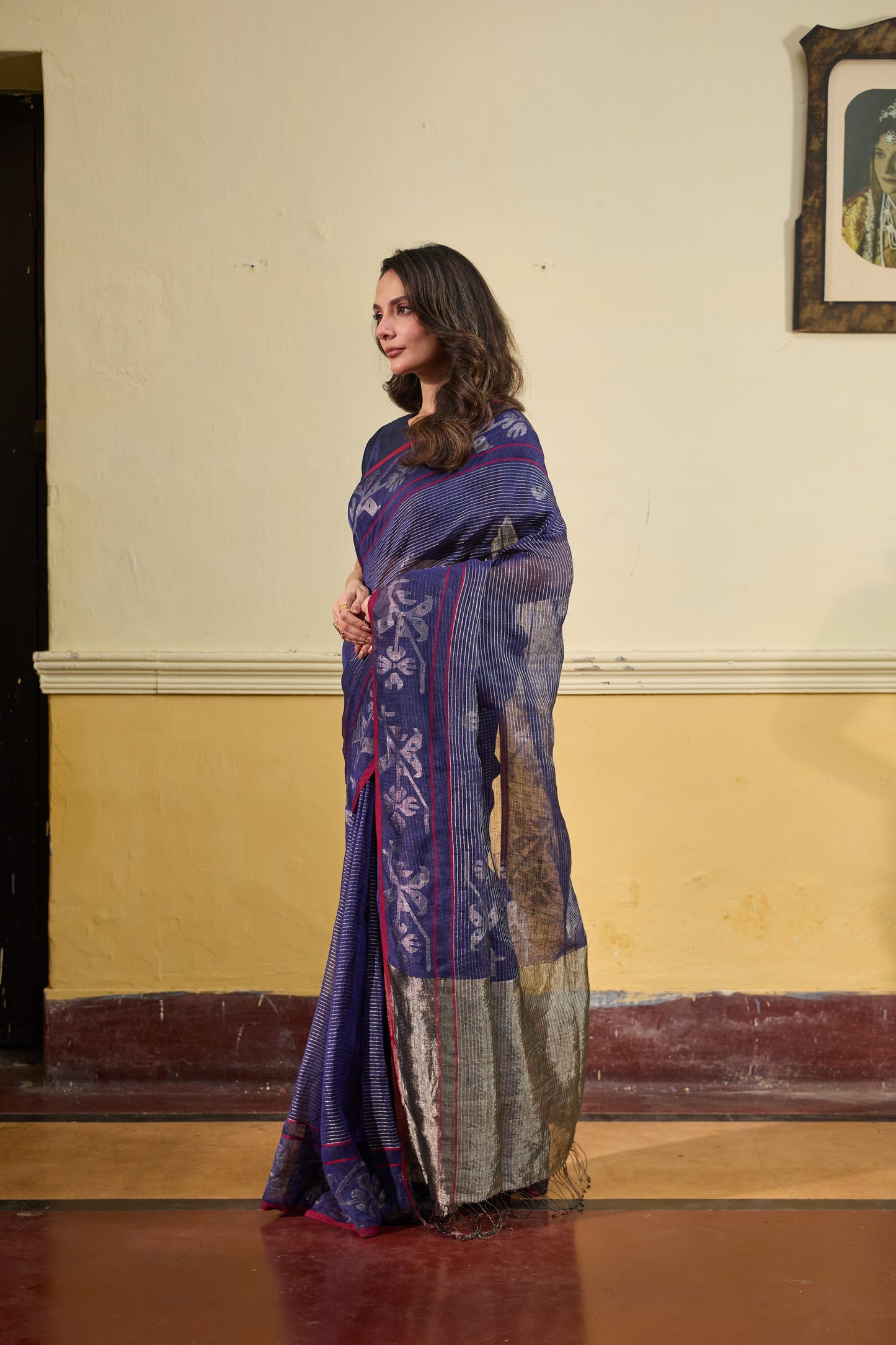 Indigo Pure Linen Jamdani Handloom Saree