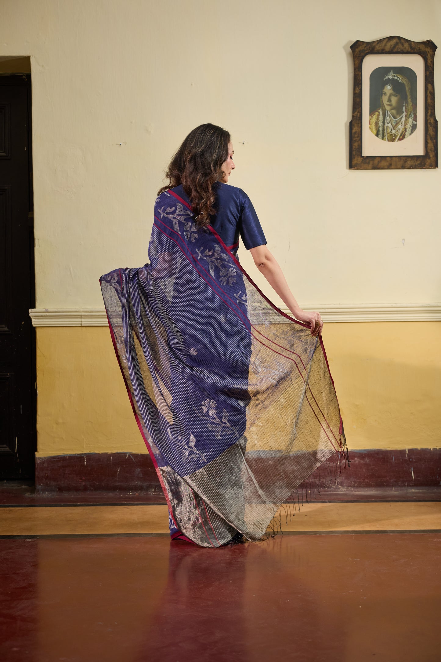 Indigo Pure Linen Jamdani Handloom Saree