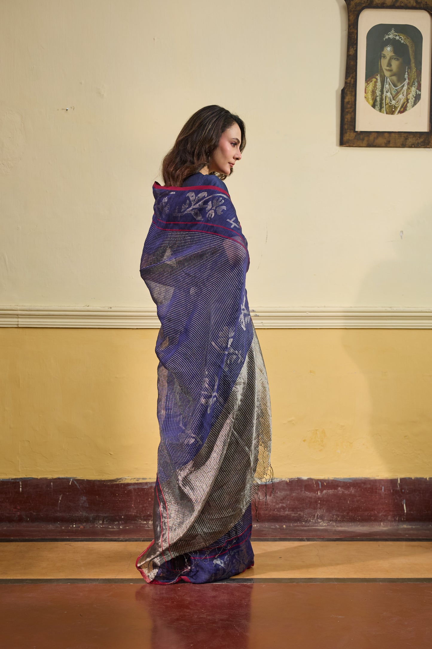 Indigo Pure Linen Jamdani Handloom Saree