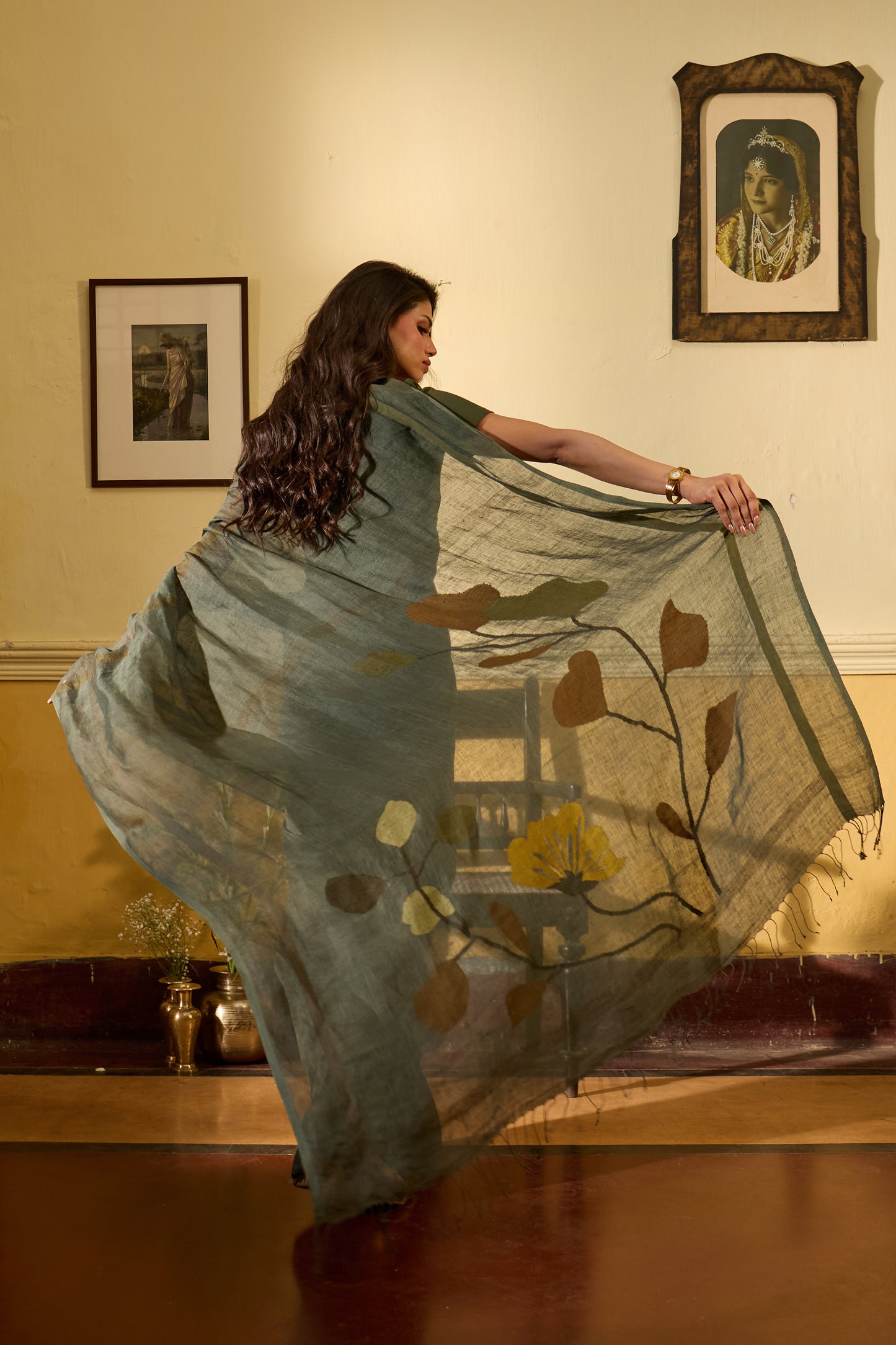 Green Pure Linen Jamdani Handloom Saree