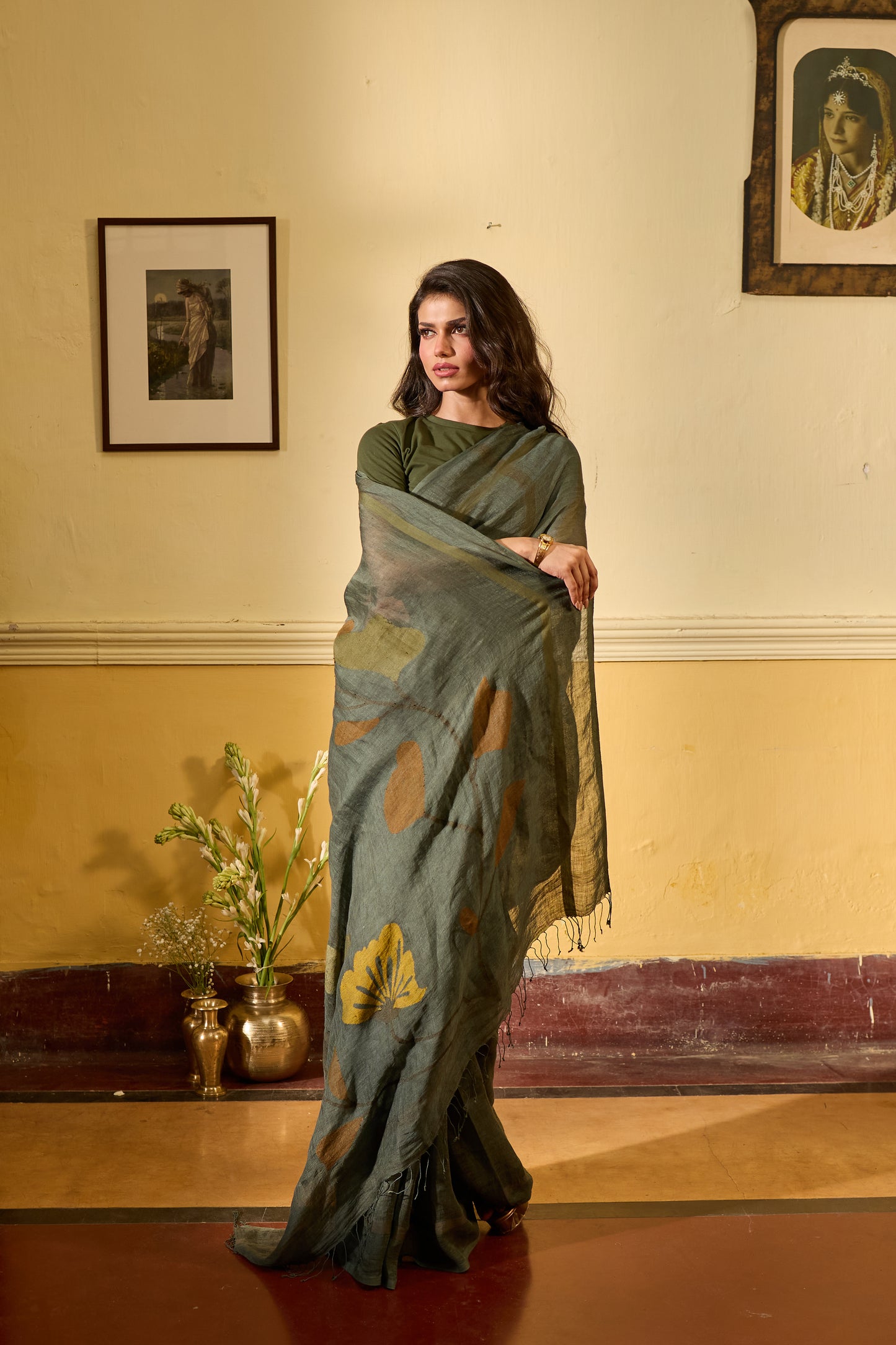 Green Pure Linen Jamdani Handloom Saree