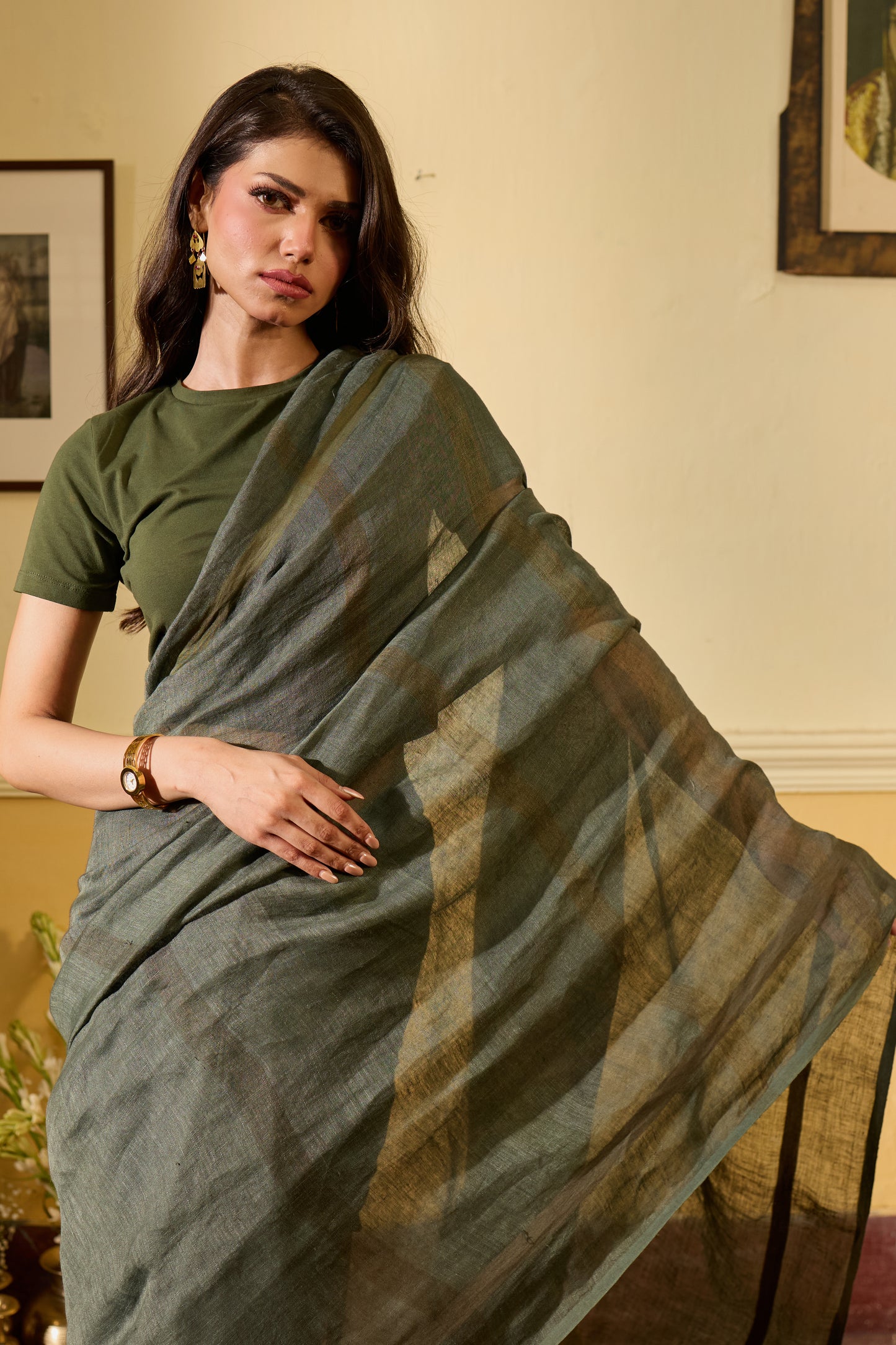 Green Pure Linen Jamdani Handloom Saree