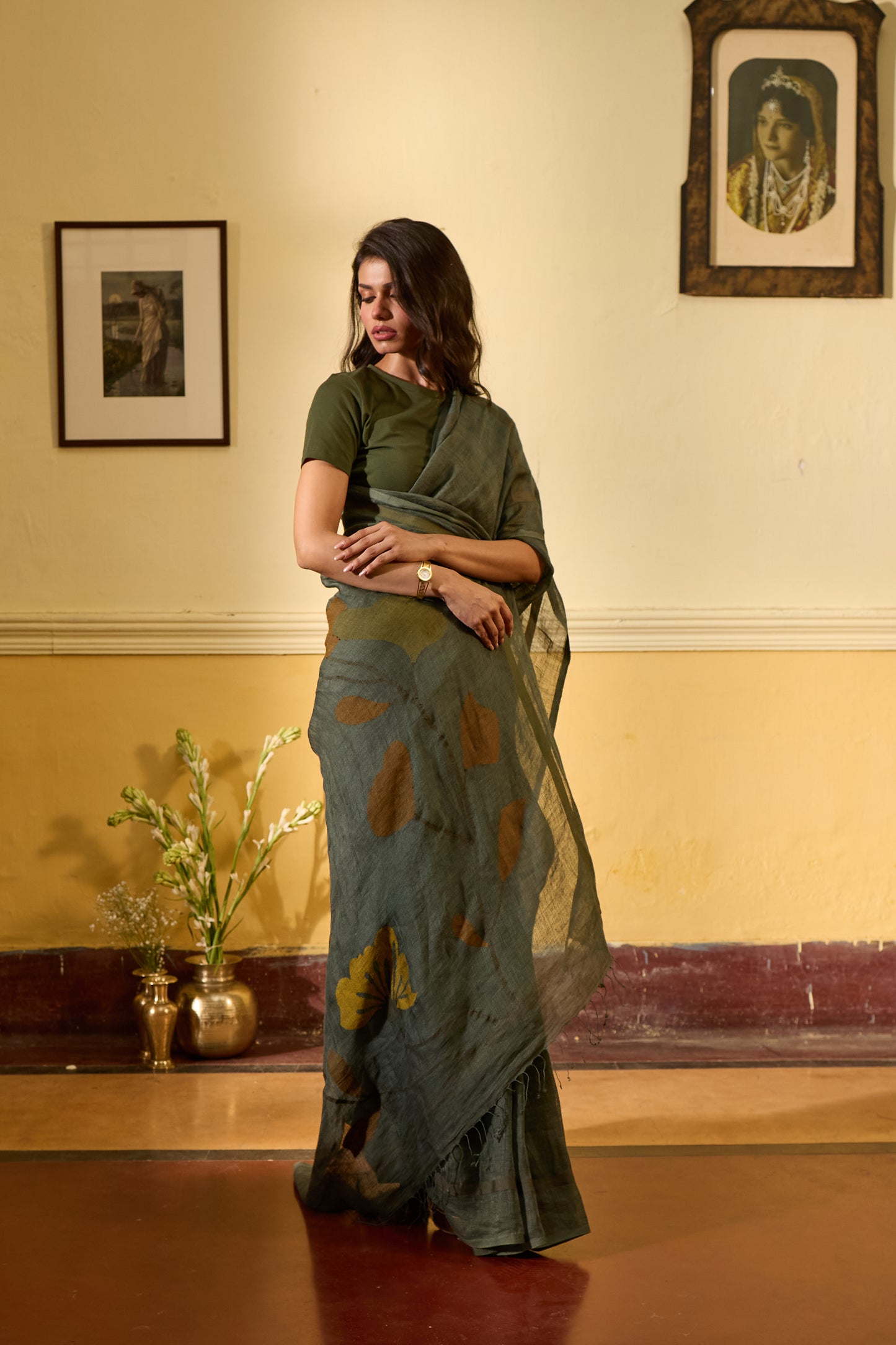 Green Pure Linen Jamdani Handloom Saree