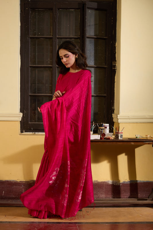 Fuchsia Pure Matka Silk Jamdani Handloom Saree