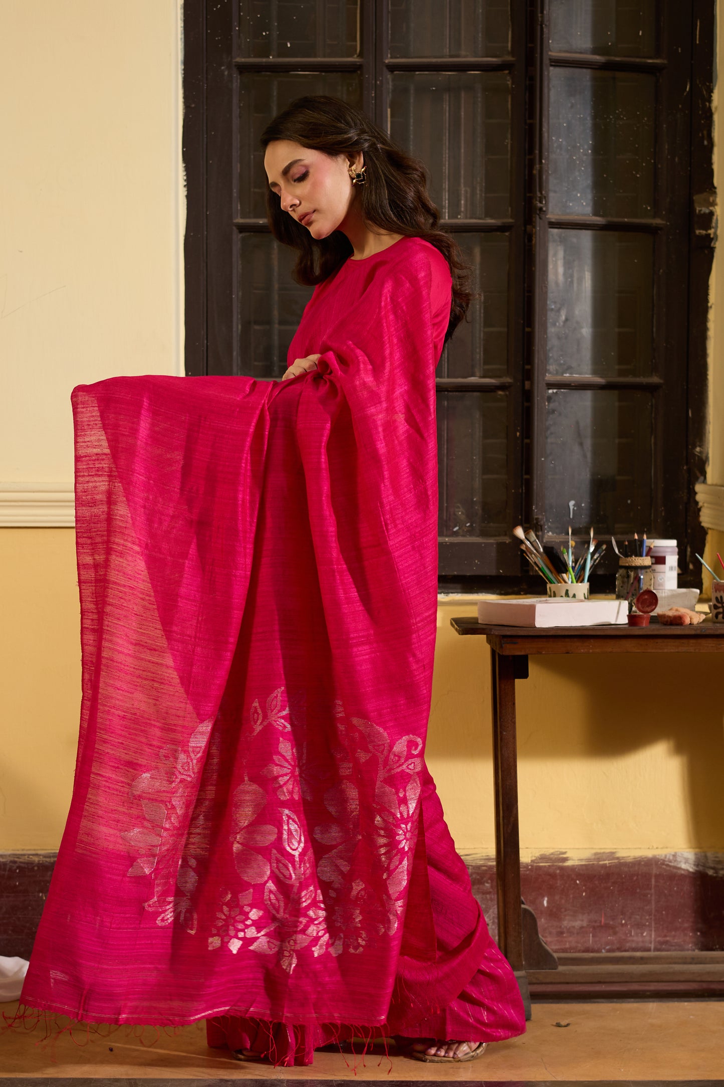 Fuchsia Pure Matka Silk Jamdani Handloom Saree