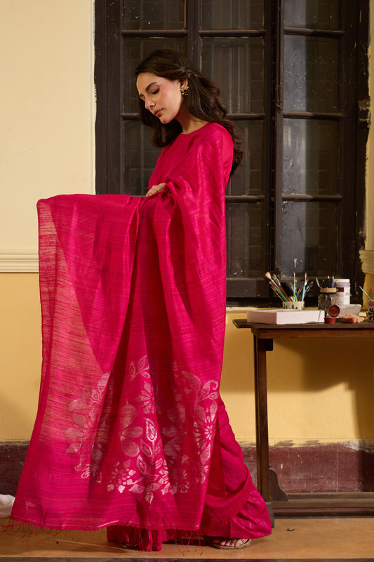 Fuchsia Pure Matka Silk Jamdani Handloom Saree