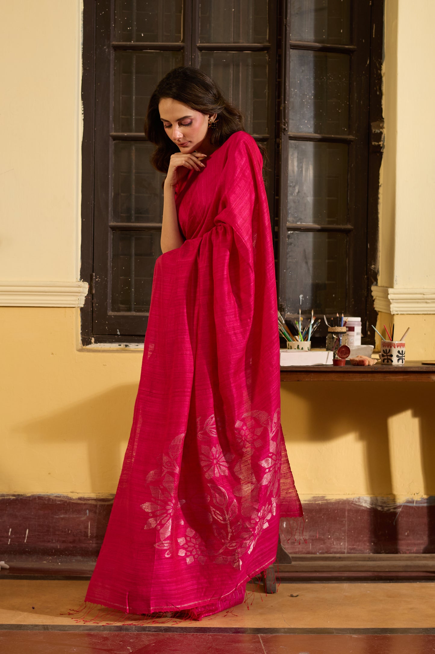 Fuchsia Pure Matka Silk Jamdani Handloom Saree