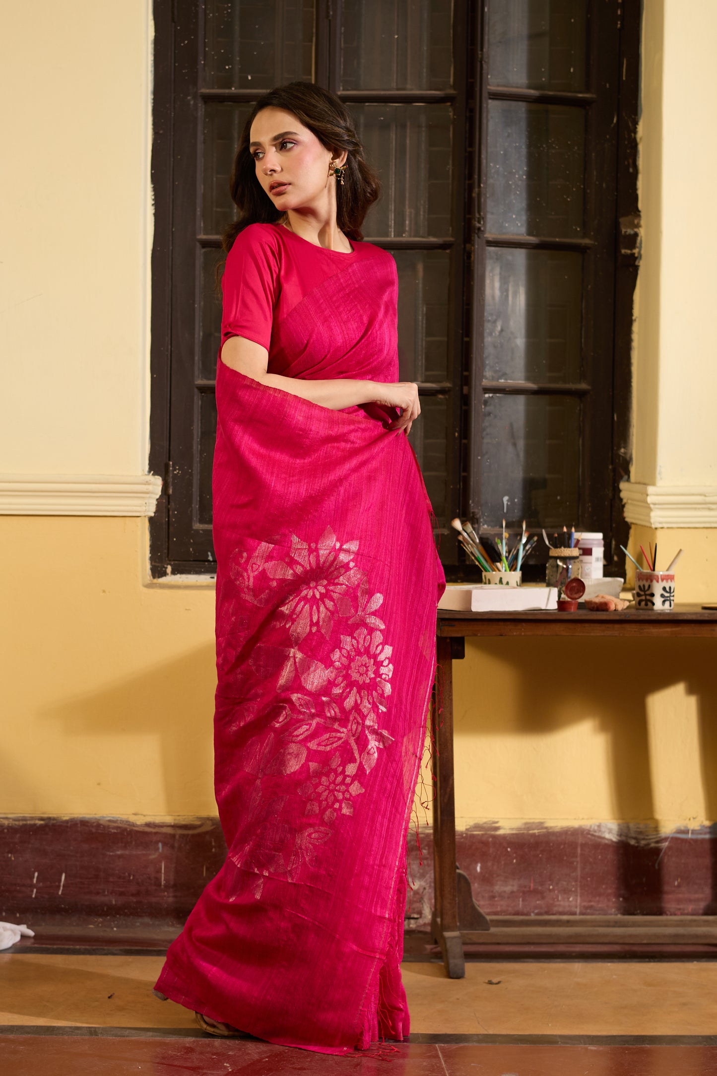 Fuchsia Pure Matka Silk Jamdani Handloom Saree
