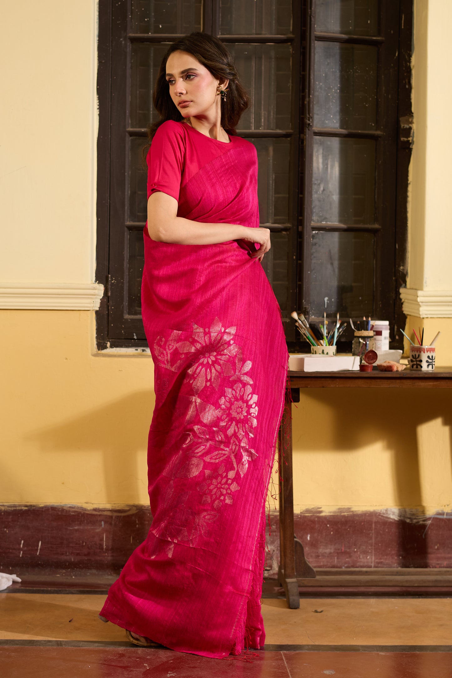 Fuchsia Pure Matka Silk Jamdani Handloom Saree