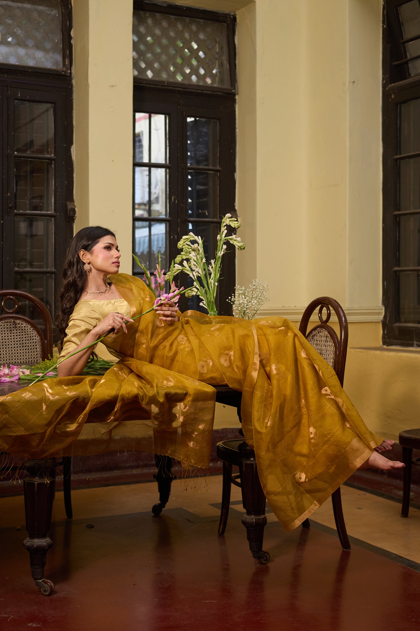 Yellow Pure Organza Silk Jamdani Handloom Saree
