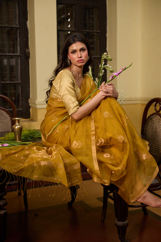 Yellow Pure Organza Silk Jamdani Handloom Saree