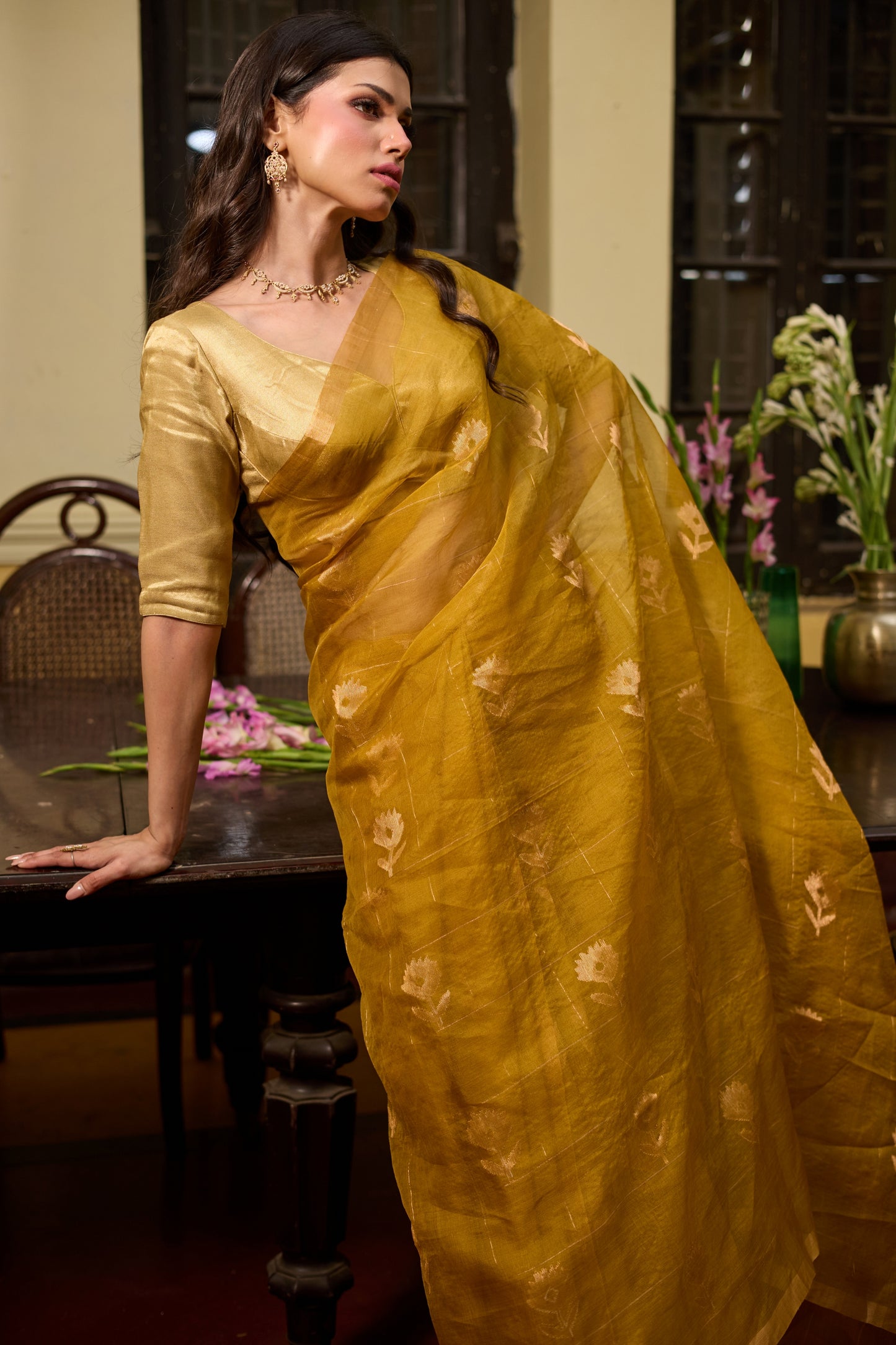 Yellow Pure Organza Silk Jamdani Handloom Saree