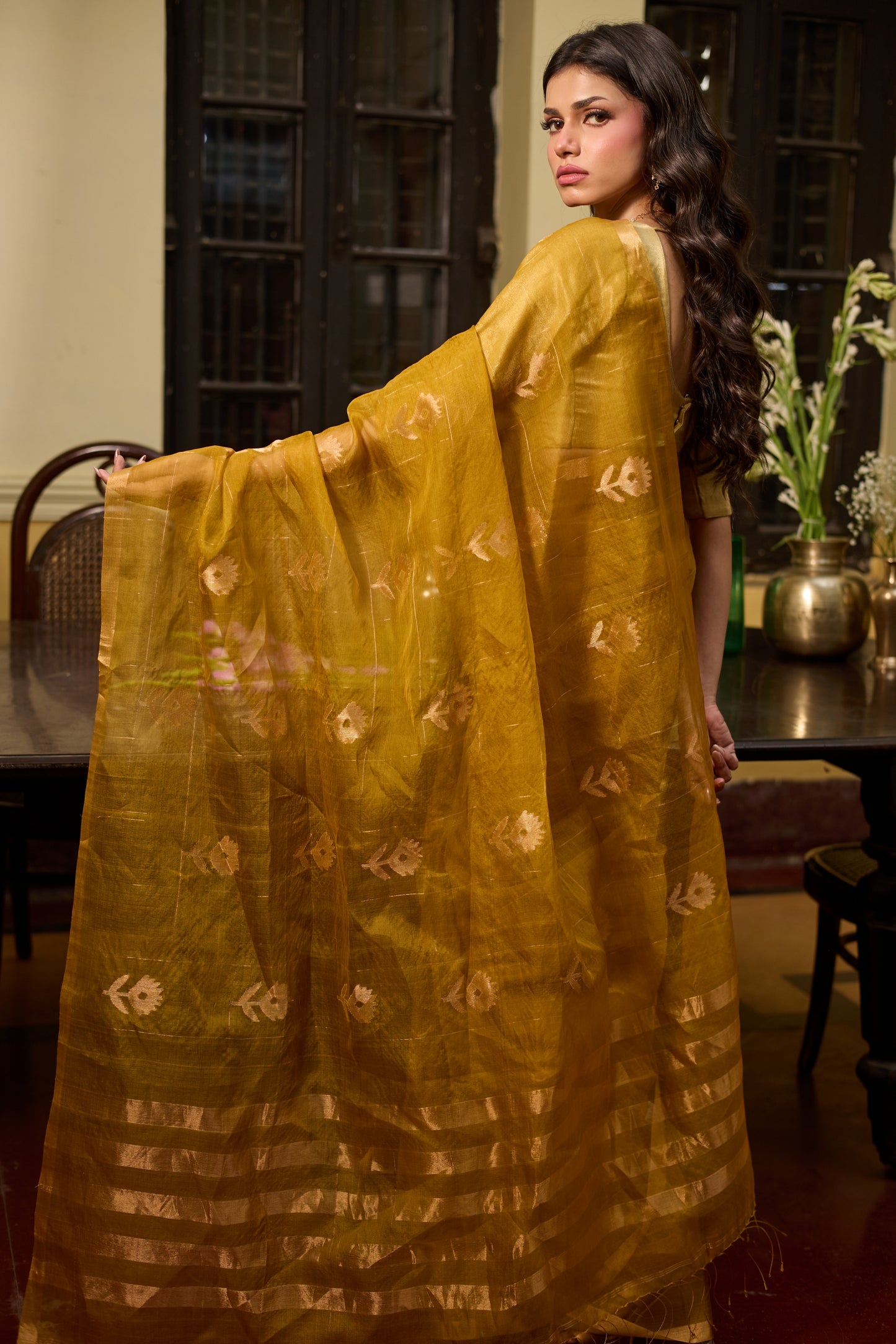 Yellow Pure Organza Silk Jamdani Handloom Saree