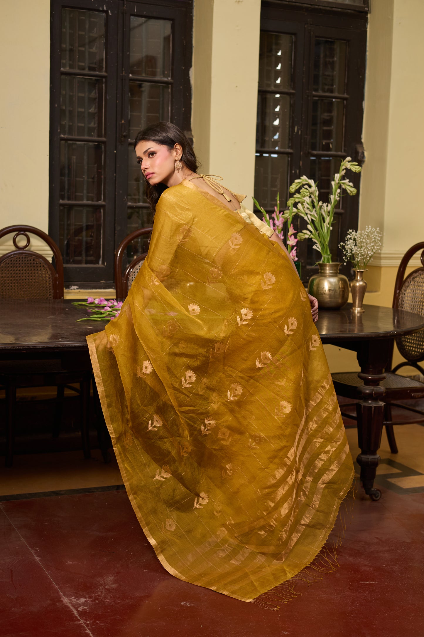 Yellow Pure Organza Silk Jamdani Handloom Saree