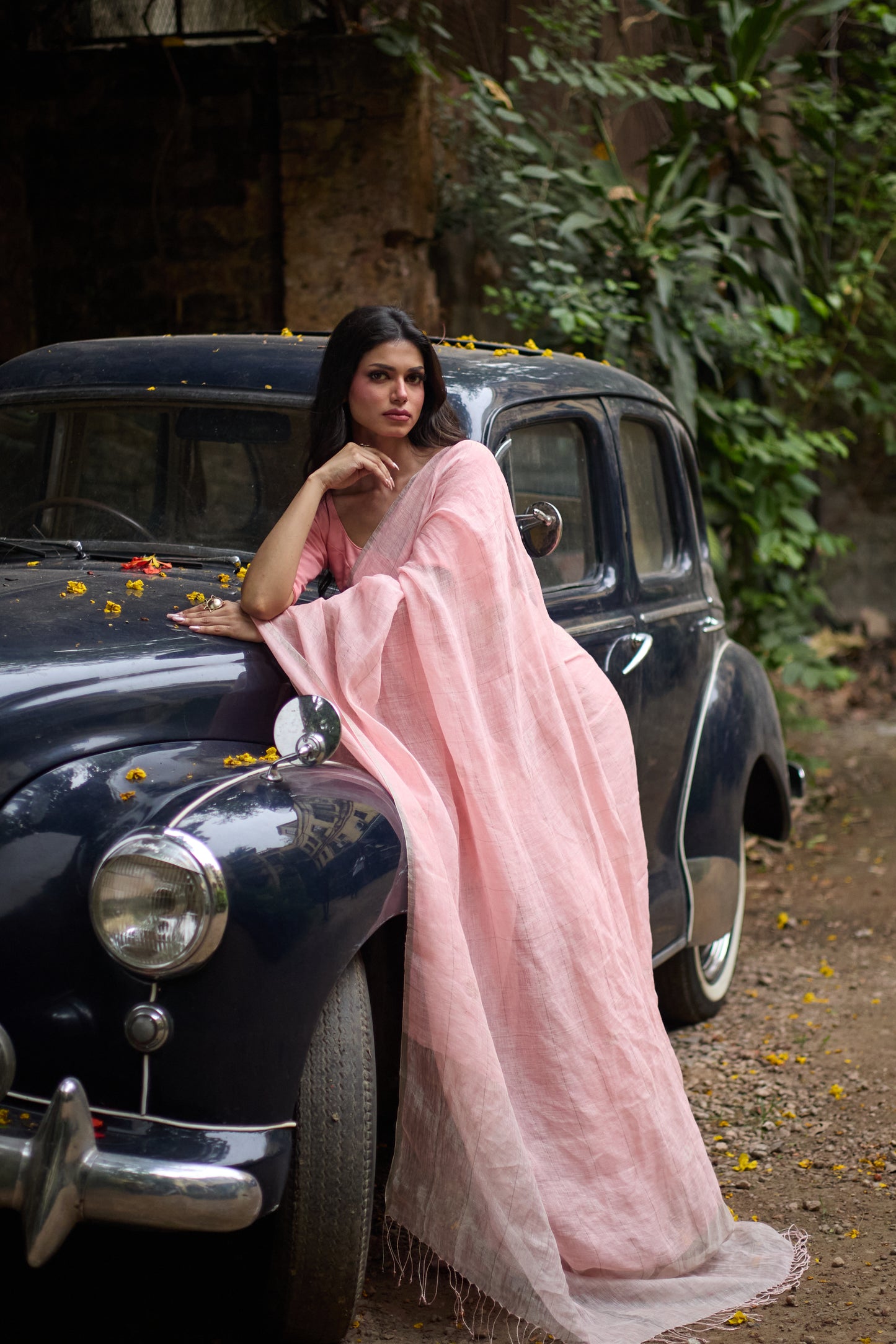 Pink Pure Linen Jamdani Handloom Saree