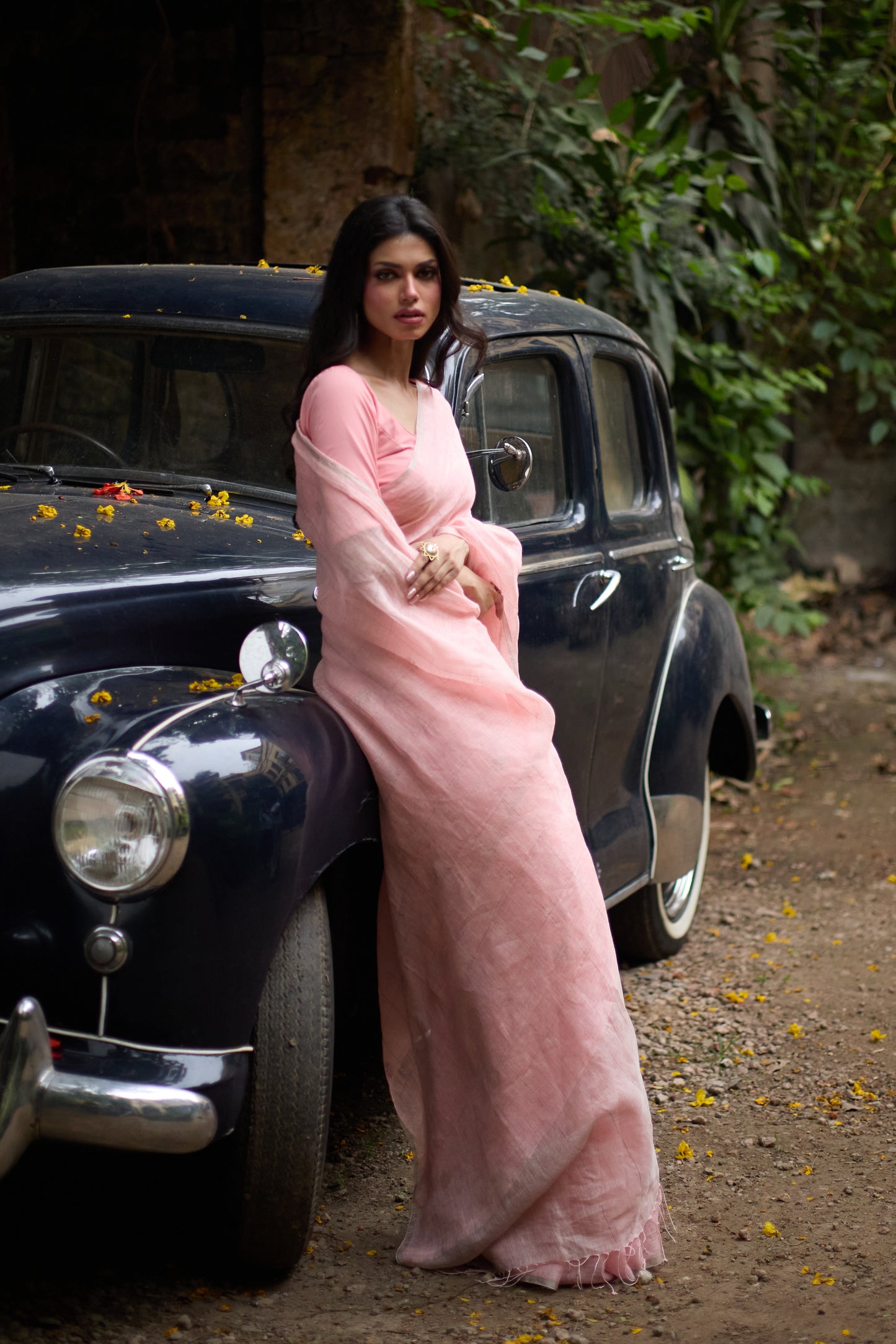 Pink Pure Linen Jamdani Handloom Saree