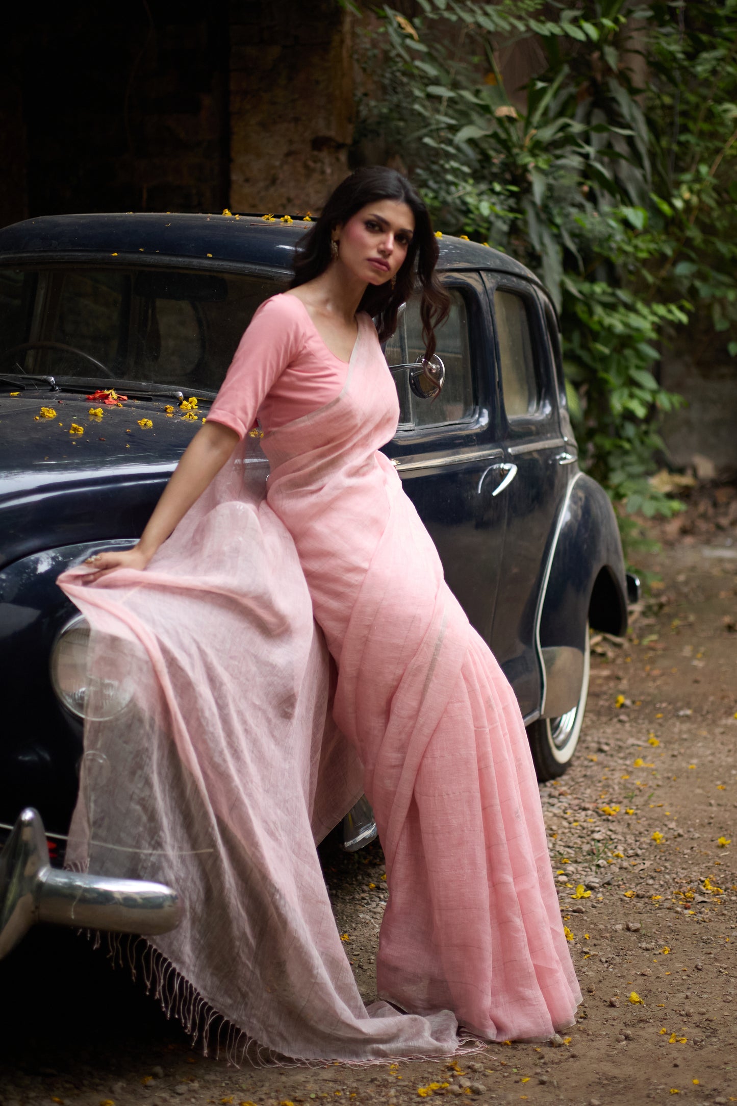 Pink Pure Linen Jamdani Handloom Saree
