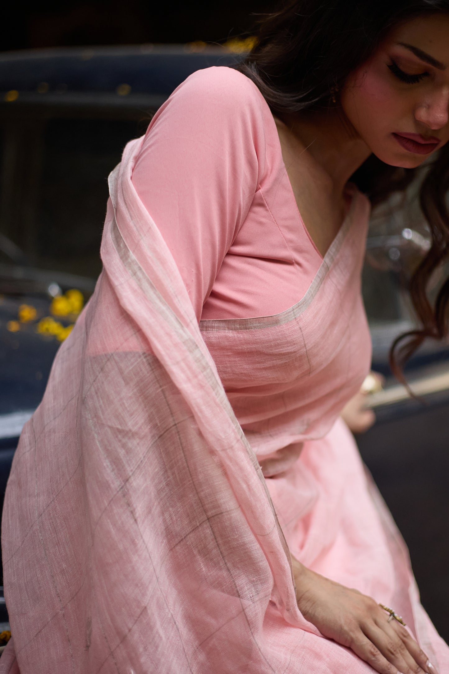 Pink Pure Linen Jamdani Handloom Saree