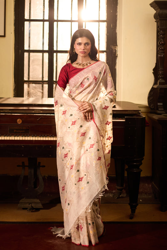 White Pure Organza Silk Traditional Jamdani Saree