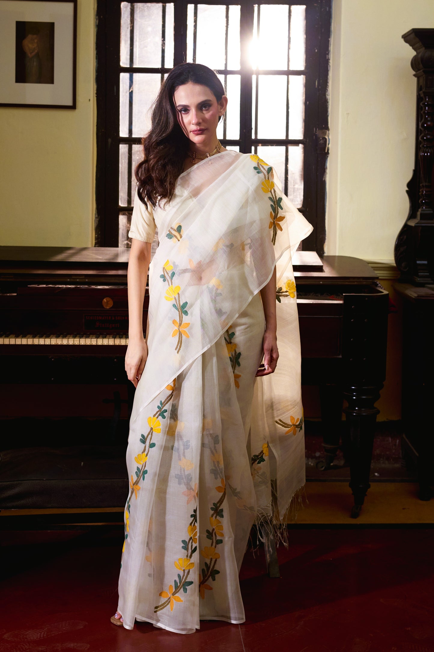 White Pure Organza Silk Jamdani Handloom Saree