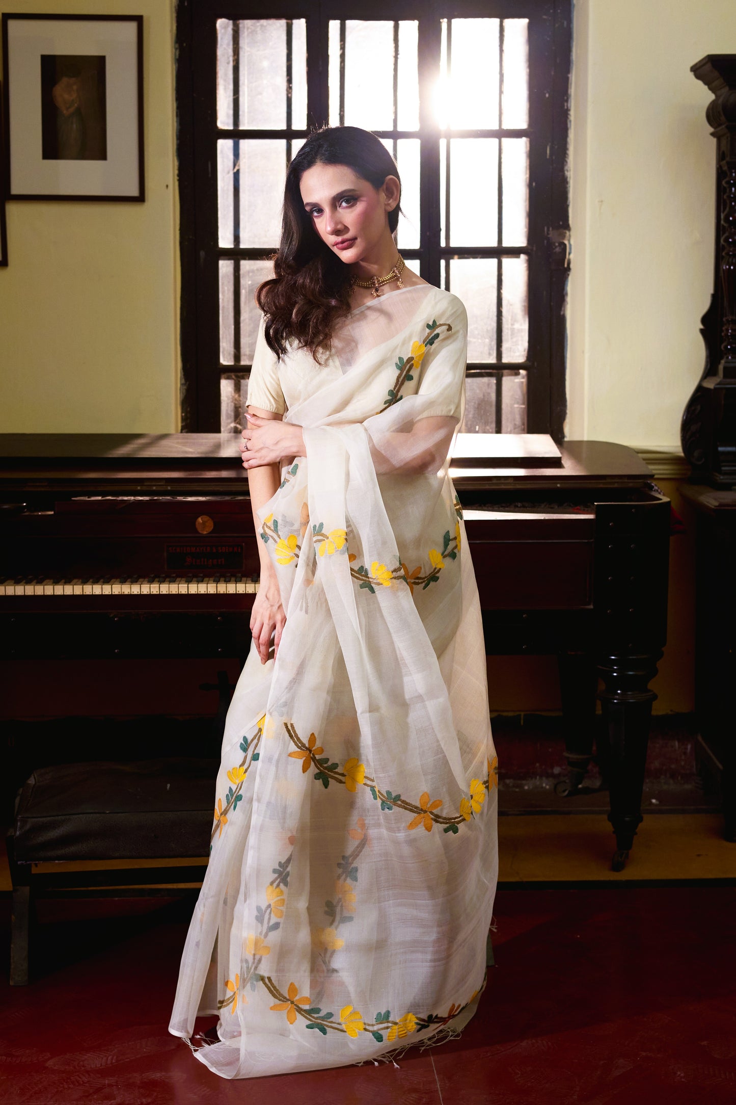 White Pure Organza Silk Jamdani Handloom Saree