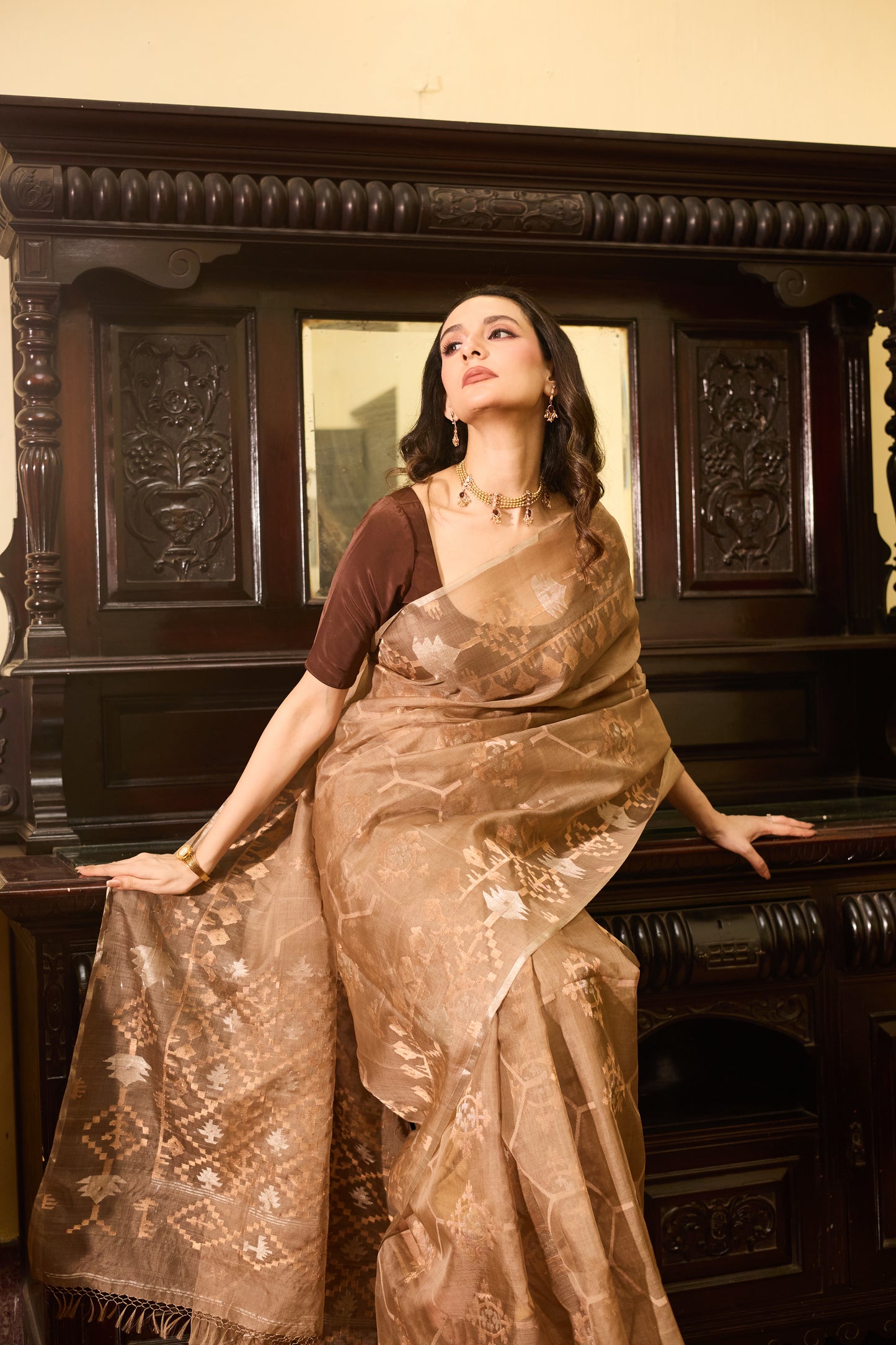 Beige Pure Organza Silk Traditional Jamdani Saree