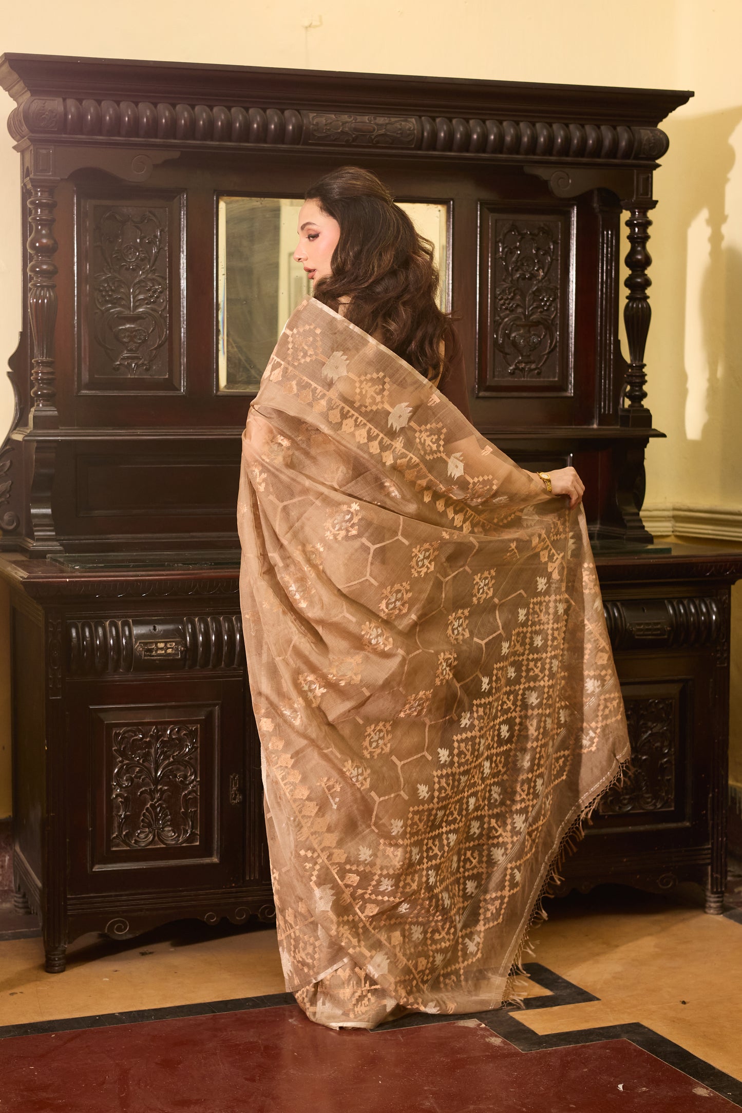 Beige Pure Organza Silk Traditional Jamdani Saree