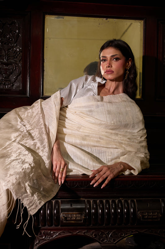 White Pure Matka Silk Jamdani Handloom Saree