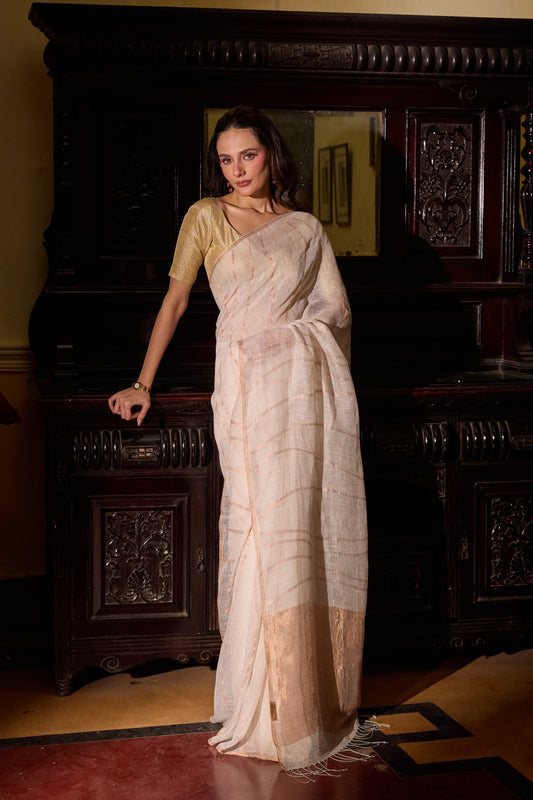 White Pure Linen Jamdani Handloom Saree