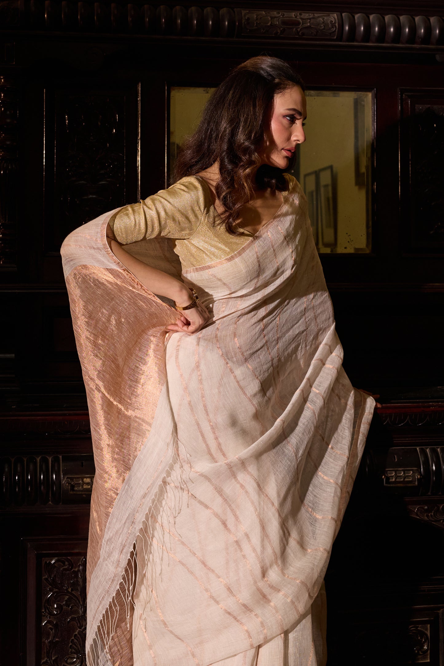 White Pure Linen Jamdani Handloom Saree