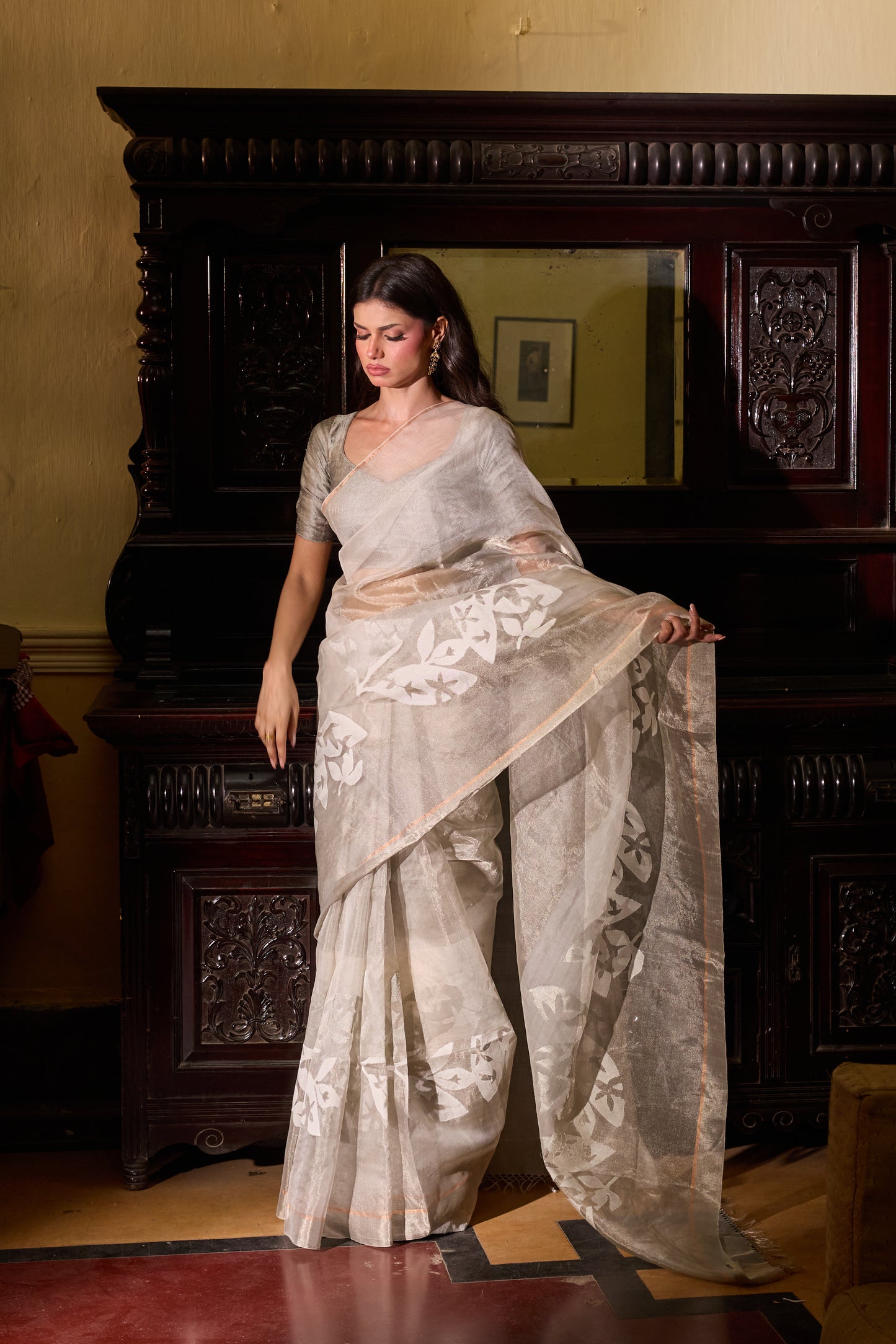 White Pure Organza Silk Tissue Jamdani handloom Saree